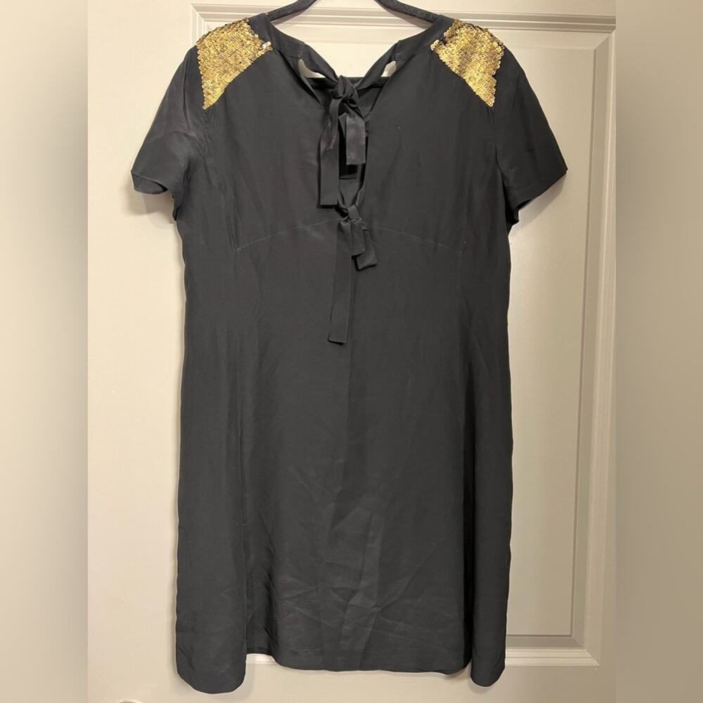Madewell Black Silk & Gold Sequin Shoulder Accent Back Ribbon Cutout Dress - Picture 3 of 12